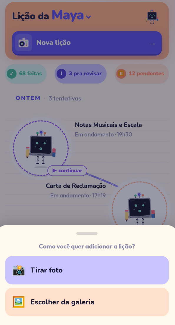 Tela do Nino mostrando opção de enviar a lição