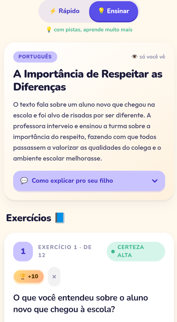 Lição pronta com modos Rápido e Ensinar